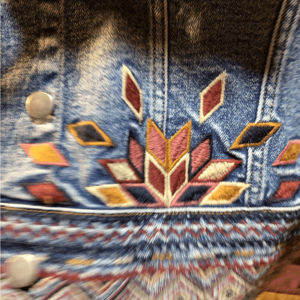 NEW Driftwood Boho Fringe jacket Denim Jacket with Multicolor Pattern - Picture 6 of 9